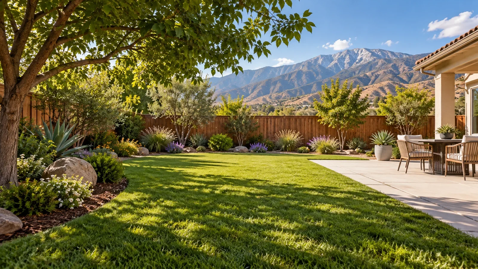 A lush garden and welcoming outdoor seating area with mountain views